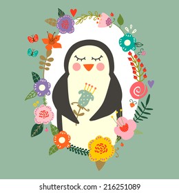 Cute vector illustration of little toy penguin with flowers. Perfect for greeting or birthday cards. 