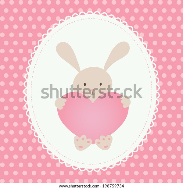 Little toy rabbit with heart, white lace, pink background with polka dots