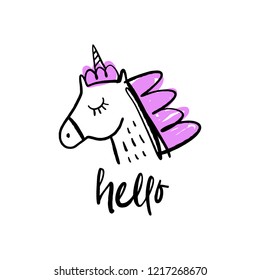 Cute vector illustration of little unicorn pony head. Fast sketch.
