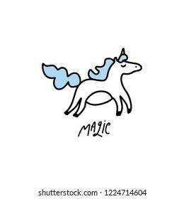 Cute vector illustration of little unicorn with blue mane. Can be used for poster and banner, children's book illustration, postcard, gift card, print for t-shirt, sticker, label and other. Isolated