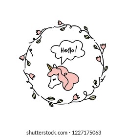 Cute vector illustration of little unicorn and floral frame. Can be used for poster and banner, children's book illustration, postcard, gift card, print for t-shirt, sticker, label and other. Isolated