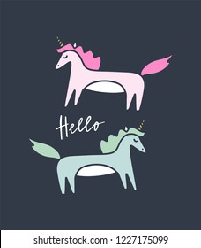 Cute vector illustration of little unicorns. Can be used for poster and banner, children's book illustration, postcard, gift card, print for t-shirt, sticker, label and other. Isolated on white