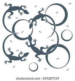 Cute vector illustration of lizards and circles. Design for poster or print.