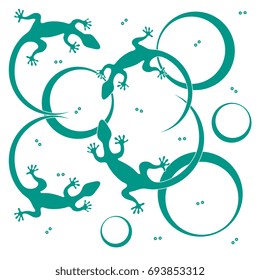 Cute vector illustration of lizards and circles. Design for poster or print.