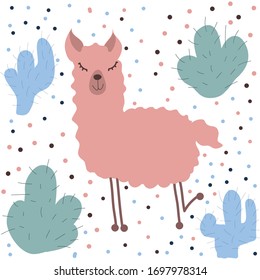 Cute vector illustration of a llama and cacti. Great for fabric, textile. Illustration in scandinavian style on a white background.