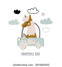 cute vector illustration with llama riding a car with clouds, sun, lettering. Perfect for kids clothing, textile, print. Kids llama and alpaca illustration