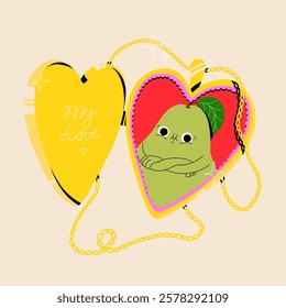 Cute vector illustration of a locket with a photo of pear character. My love memory. Fruit character. Colorful trendy mascot design. Isotated clipart. Valentine's day greeting card and poster.