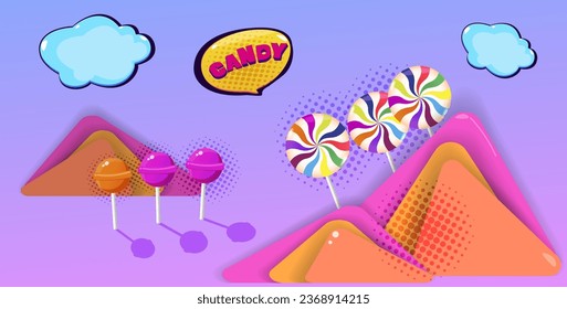 Cute vector illustration with lollipops in candy city. Cartoon style