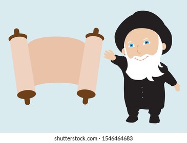 Cute vector illustration of a lovable old Orthodox rabbi with white beard and coat and black hat and open Torah scroll happy Nice Jewish grandfather Noah Moshe Certificate of Appreciation