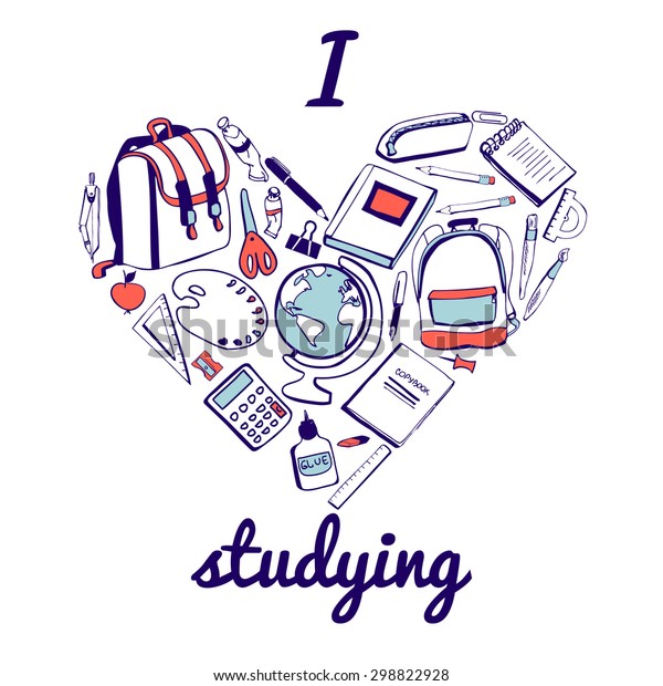 Cute vector illustration I love studying.
Set of isolated school supplies on white. Dark blue lines, light
blue and red elements.Collection of hand drawn objects in heart
shaped frame for your
design.