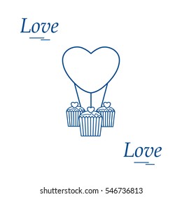 Cute vector illustration of love symbols: heart air balloon icon and three cupcakes. Romantic collection. Design for banner, flyer, poster or print.