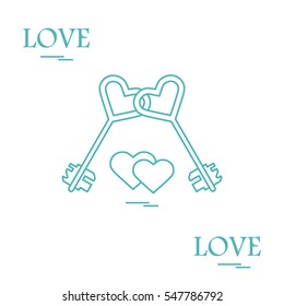 Cute vector illustration of love symbols: heart key icon and two hearts. Romantic collection. Design for banner, flyer, poster or print. 