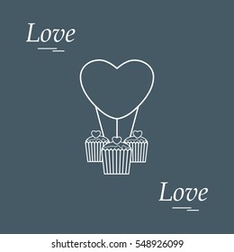 Cute vector illustration of love symbols: heart air balloon icon and three cupcakes. Romantic collection. Design for banner, flyer, poster or print.