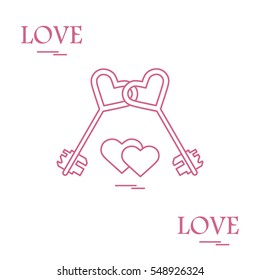 Cute vector illustration of love symbols: heart key icon and two hearts. Romantic collection. Design for banner, flyer, poster or print. 