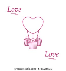 Cute vector illustration of love symbols: heart air balloon icon and three cupcakes. Romantic collection. Design for banner, flyer, poster or print.