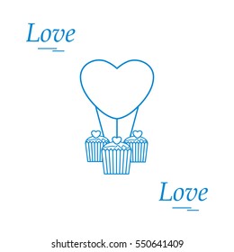 Cute vector illustration of love symbols: heart air balloon icon and three cupcakes. Romantic collection. Design for banner, flyer, poster or print.