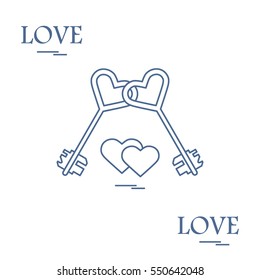 Cute vector illustration of love symbols: heart key icon and two hearts. Romantic collection. Design for banner, flyer, poster or print. 