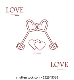 Cute vector illustration of love symbols: heart key icon and two hearts. Romantic collection. Design for banner, flyer, poster or print. 