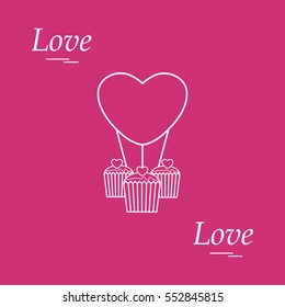 Cute vector illustration of love symbols: heart air balloon icon and three cupcakes. Romantic collection. Design for banner, flyer, poster or print.