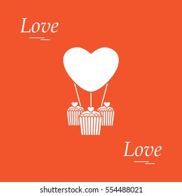 Cute vector illustration of love symbols: heart air balloon icon and three cupcakes. Romantic collection. Design for banner, flyer, poster or print.