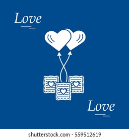 Cute vector illustration of love symbols: heart air balloon icon and three cookies. Romantic collection. Design for banner, flyer, poster or print. 