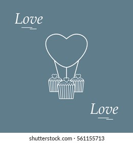 Cute vector illustration of love symbols: heart air balloon icon and three cupcakes. Romantic collection. Design for banner, flyer, poster or print.