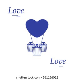 Cute vector illustration of love symbols: heart air balloon icon and three cupcakes. Romantic collection. Design for banner, flyer, poster or print.