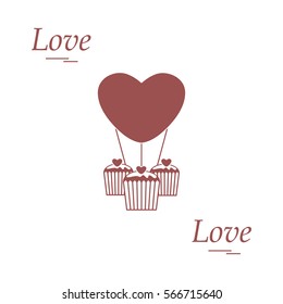 Cute vector illustration of love symbols: heart air balloon icon and three cupcakes. Romantic collection. Design for banner, flyer, poster or print.