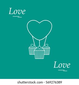 Cute vector illustration of love symbols: heart air balloon icon and three cupcakes. Romantic collection. Design for banner, flyer, poster or print.