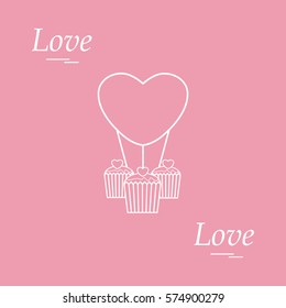 Cute vector illustration of love symbols: heart air balloon icon and three cupcakes. Romantic collection. Design for banner, flyer, poster or print.