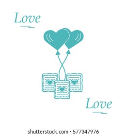 Cute vector illustration of love symbols: heart air balloon icon and three cookies. Romantic collection. Design for banner, flyer, poster or print. 