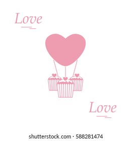 Cute vector illustration of love symbols: heart air balloon icon and three cupcakes. Romantic collection. Design for banner, flyer, poster or print.