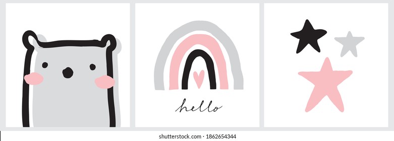 Cute Vector Illustration with Lovely Baby Bear, Rainbow, Heart and Stars isolated on a White Background. Simple Hand Drawn  Nursery Print ideal for Wall Art, Poster, Kids  Room Decoration.