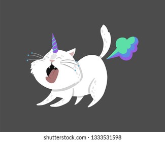 Cute vector illustration with a magic white cat with a unicorn horn. Fantasy caticorn farting rainbow and yawn. Can be used for the sticker, patch, phone case, poster, t-shirt, mug. 