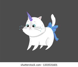 Cute vector illustration with a magic white cat with a unicorn horn. Can be used for the sticker, patch, phone case, poster, t-shirt, mug. 
