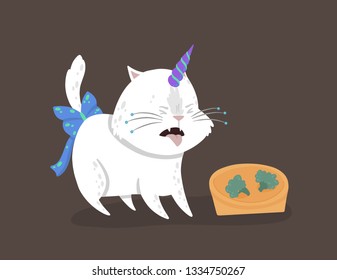 Cute vector illustration with a magic white cat with a unicorn horn. Caticorn shows the emotion of disgust. The concept of something detestable. Can be used for the sticker, patch, phone case, poster.