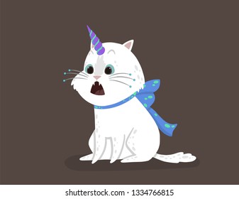 Cute vector illustration with a magic white cat with a unicorn horn. Caticorn shows an emotion surprised, astonished, amazed, dazed, shocked emotions. Can be used for the sticker, patch, phone case.