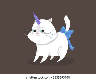 Cute vector illustration with a magic white cat with a unicorn horn conceived something. Caticorn shows the emotion of cunning. The concept of crafty. Can be used for the sticker, patch, phone case.
