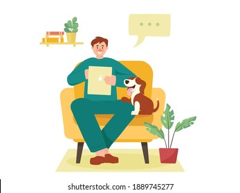 Cute vector illustration of a man chilling out with tablet computer and a dog in a fine flat style.