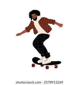 Cute vector illustration of a man skateboarding in a checkered shirt. A curly-haired man wearing black pants and a hat rides a skateboard. Perfect for sports and active lifestyle themes.