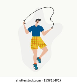 Cute vector illustration of man in sportive clothes doing exercise. Sport gym fitness instructor. Lifestyle infographics, mental and physical benefits of practice. 