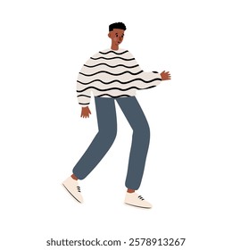 Cute vector illustration of a man walking in a striped sweater. A tall man in a white and black sweater and blue pants strides confidently. Modern urban character in a casual park scene.