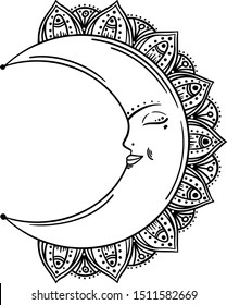 Cute vector Illustration. Mandala moon. Ornamental art