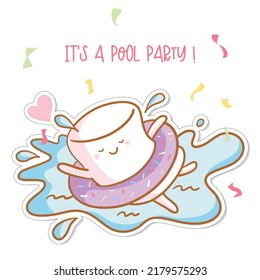 Cute vector illustration of a Marshmallow swimming happily with an inflatable. Message: It's a Pool Party!