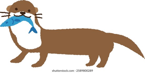 Cute vector illustration material of an otter holding a fish in its mouth