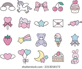 Cute vector illustration material set such as cute and fairy tale unicorns, rainbows and sweets