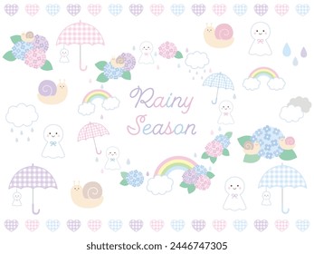 Cute vector illustration material set of cute gingham check snails and telugu hats for the rainy season. June, umbrella, hydrangea, flowers, snail