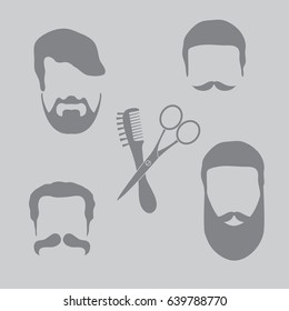 Cute vector illustration of men hairstyles, beards and mustaches, hairdresser tools care. Male haircuts. Barbershop symbol.