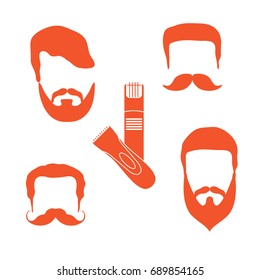 Cute vector illustration of men hairstyles, beards, mustaches, trimmers. Male haircuts. Barbershop symbol.