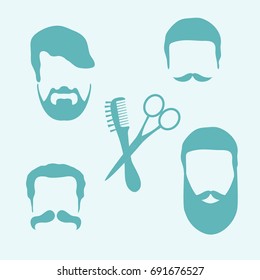 Cute vector illustration of men hairstyles, beards and mustaches, hairdresser tools care. Male haircuts. Barbershop symbol.
